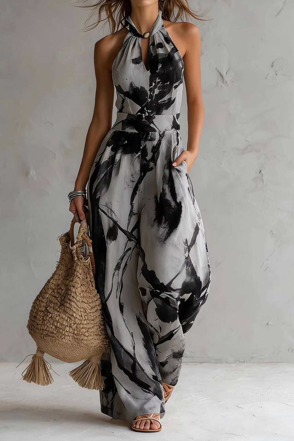 Neck Ink-Print Wide-Leg Jumpsuit
