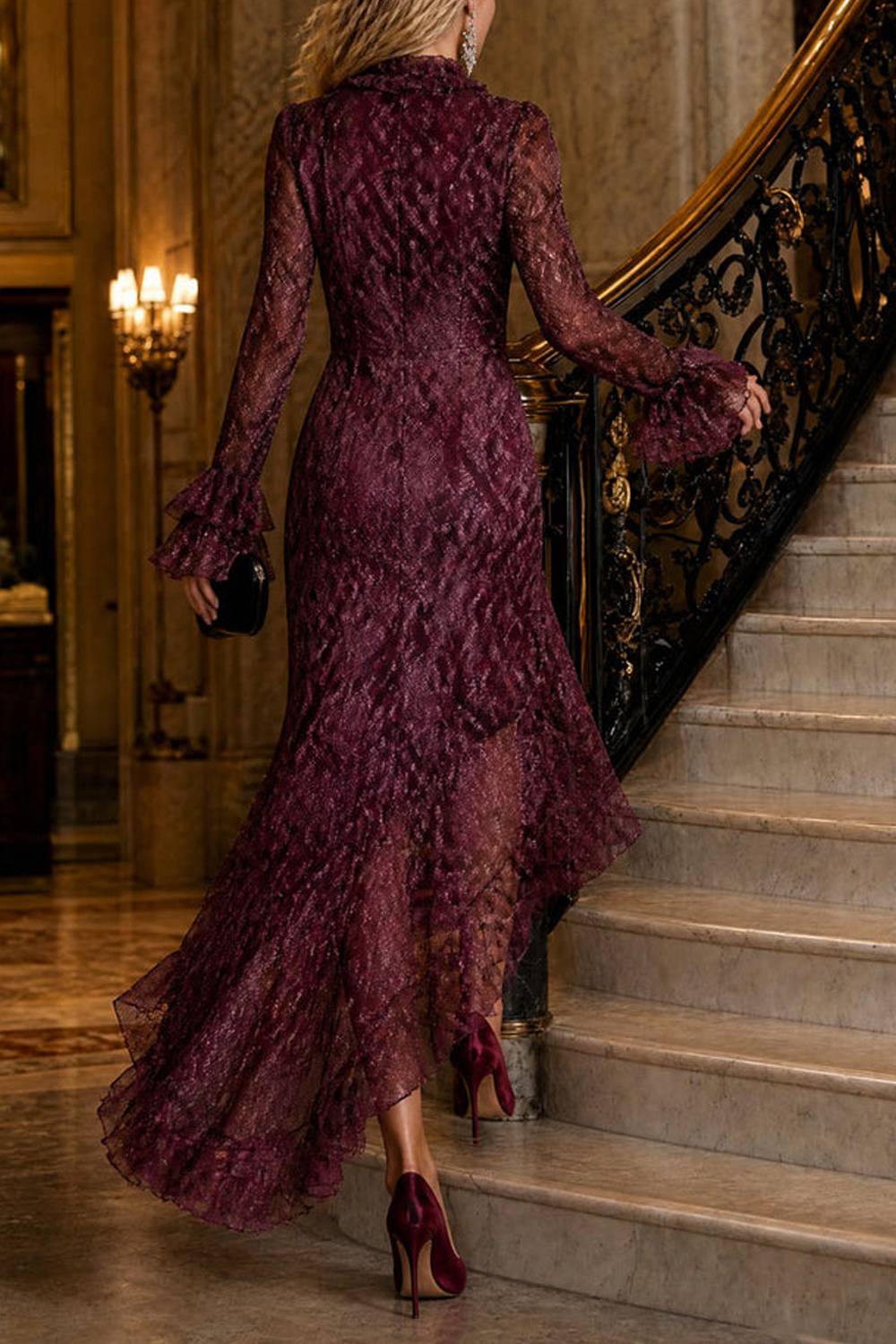 Vestido largo vaporoso con estampado de serpiente, volantes, escote en V y mangas largas
