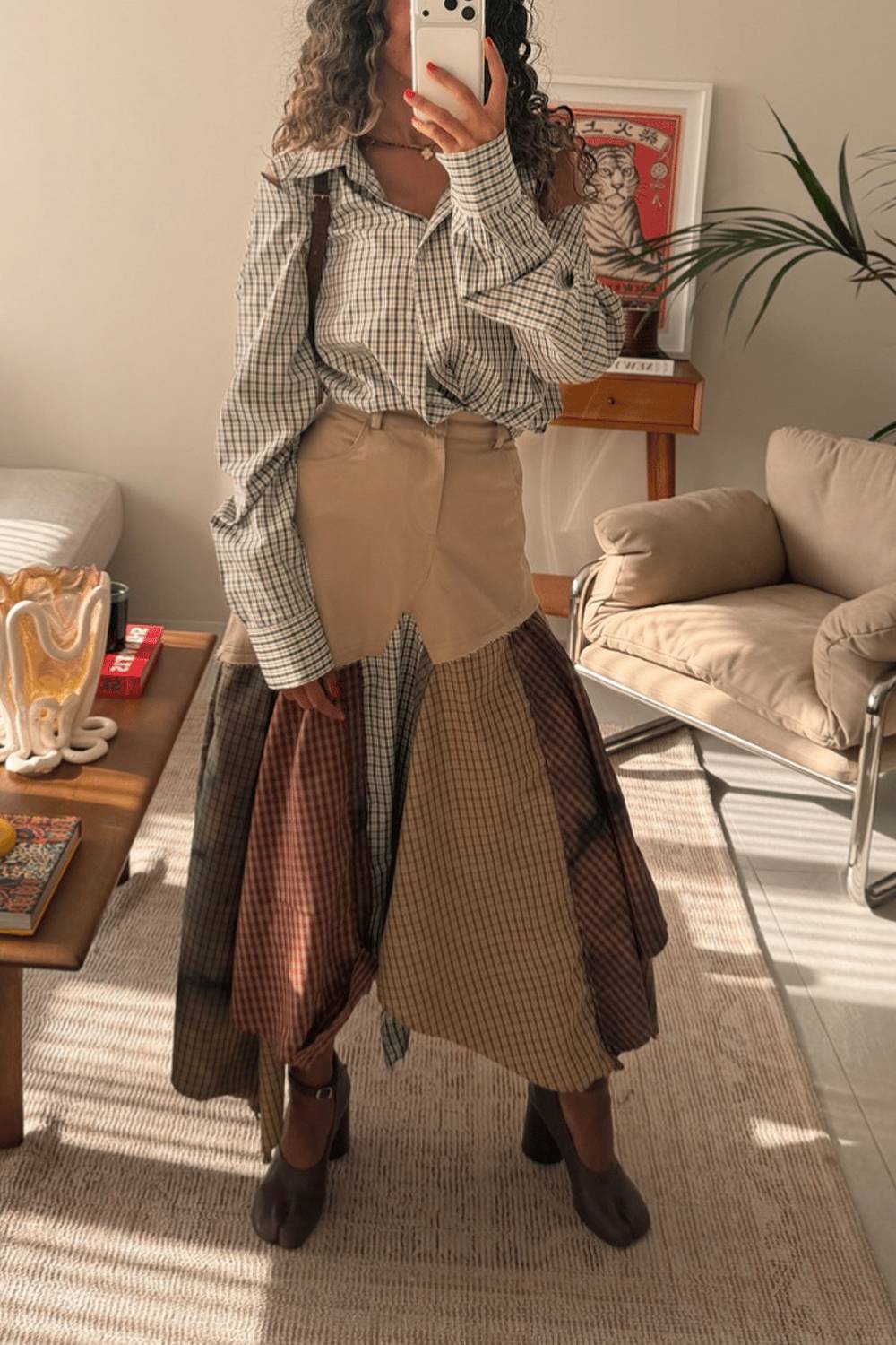 Plaid Cutout Shirt & Patchwork Midi Skirt Two Piece Set