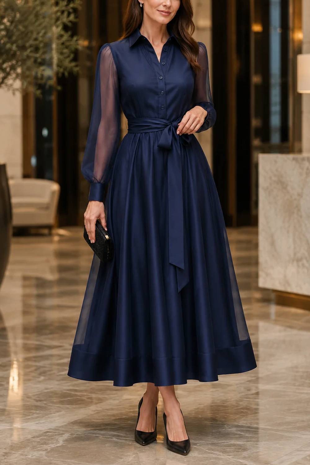 Vestido camisero vintage con mangas transparentes, cinturón y solapas
