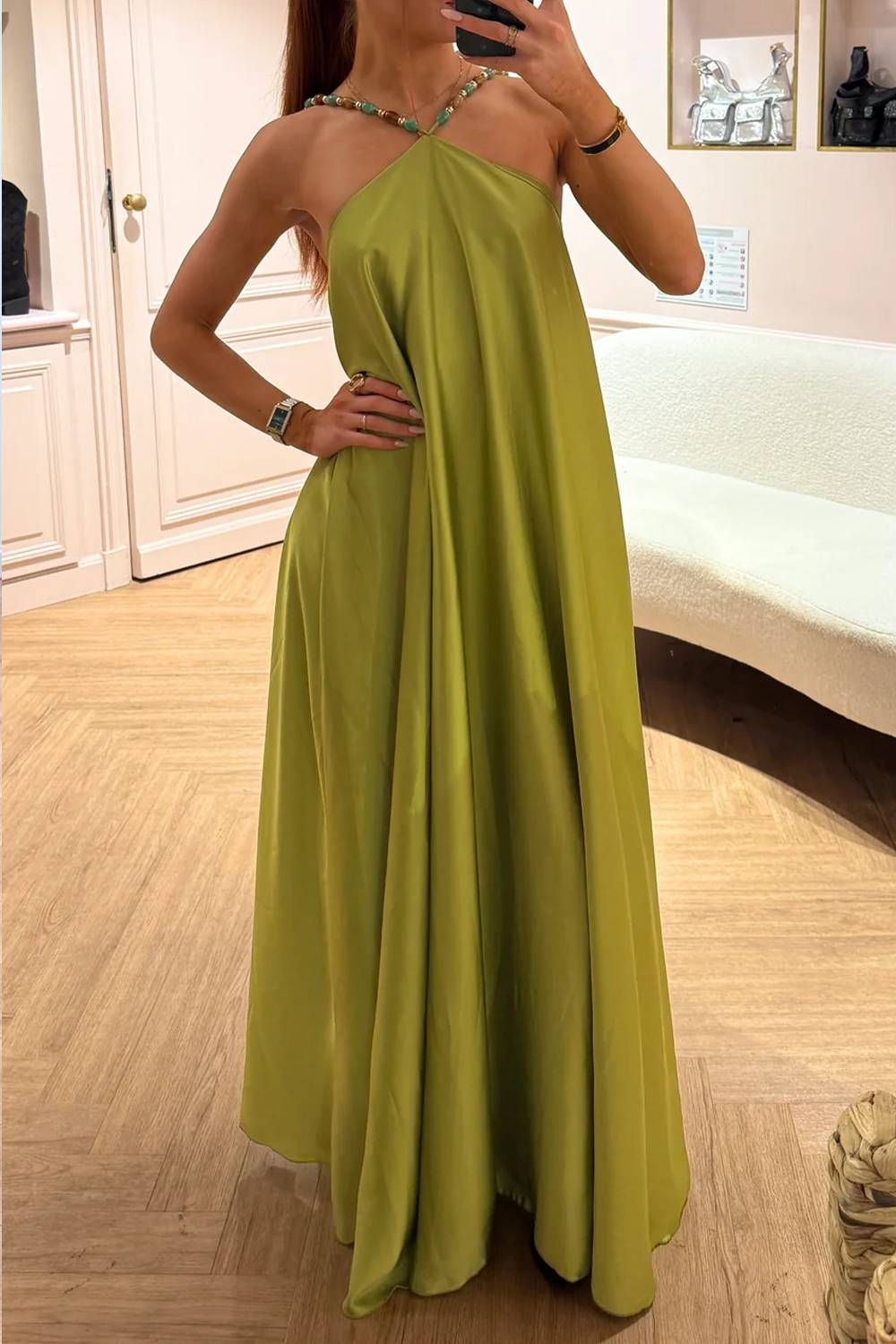 Beaded Halter Neck Sleeveless Loose Maxi Dress