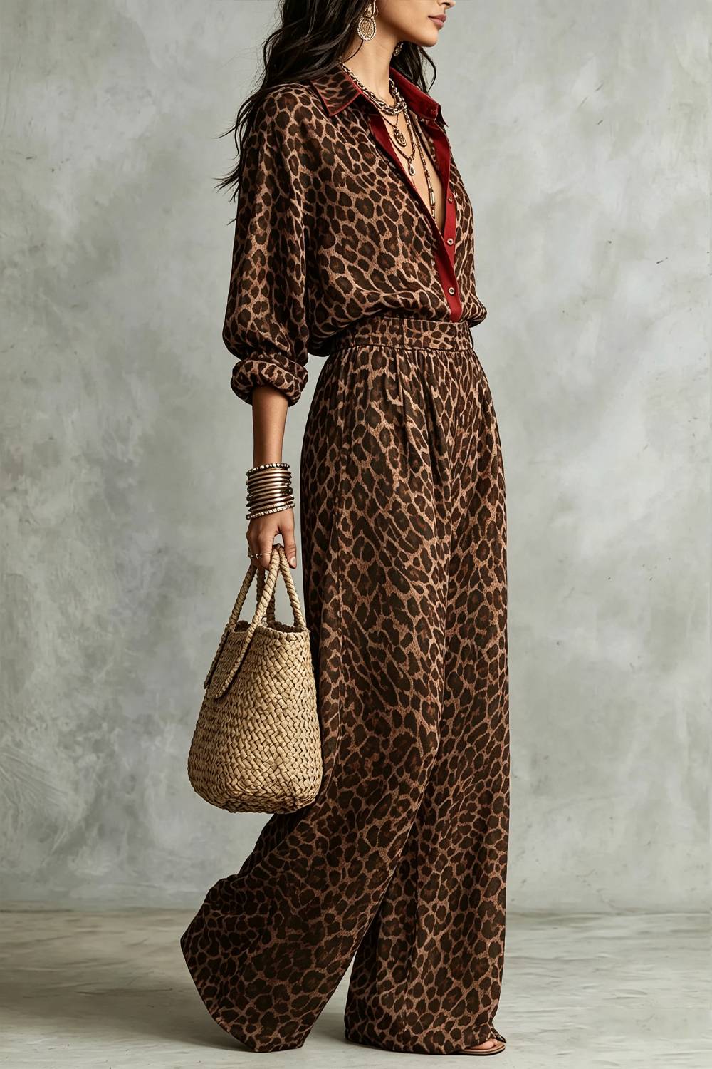 Conjunto de dos piezas con camisa de cuello en contraste y pantalón de pierna ancha con estampado de leopardo