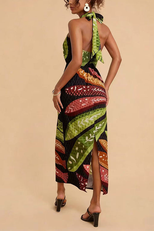 Abito midi estivo a portafoglio per donna, senza maniche, con scollo all'americana e stampa di foglie tropicali