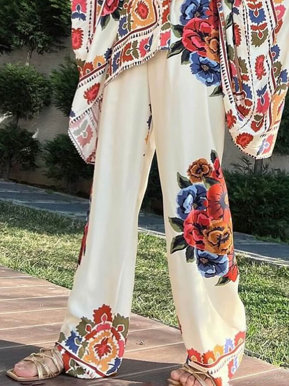 Pantalones anchos de estampado étnico único, con cintura elástica y bolsillos