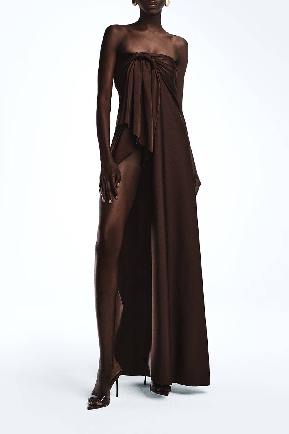 Strapless Twist Front High Slit Maxi Dress