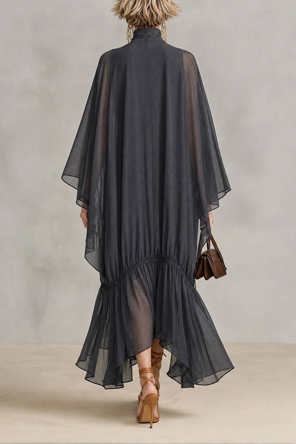 Turtleneck Cape‑Style Flowy Ruffle Hem Maxi Dress