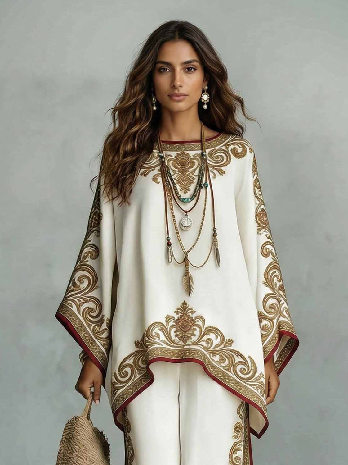 Elegantes zweiteiliges Set aus Oversize-Schultertuch-Oberteil aus bedrucktem Satin und Hose