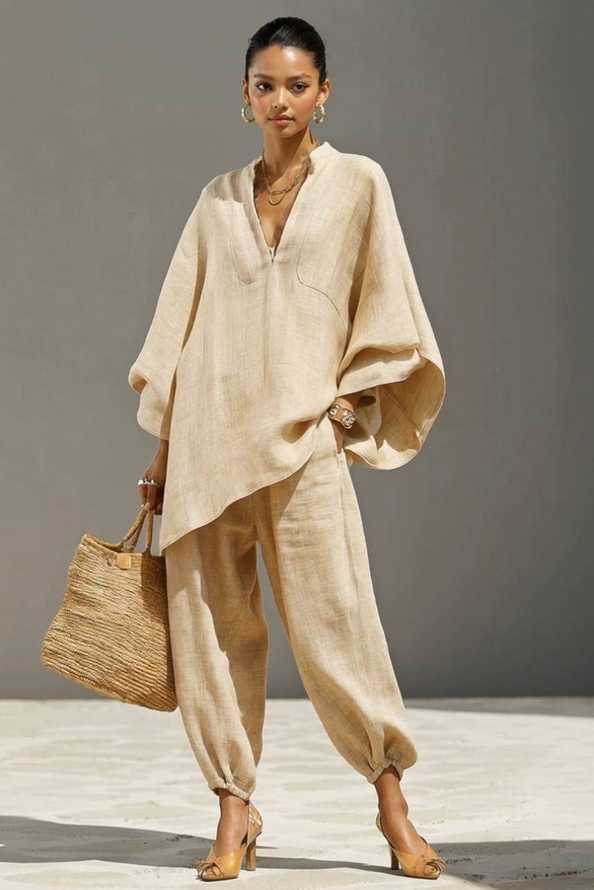 Ensemble chemise ample à col montant et pantalon