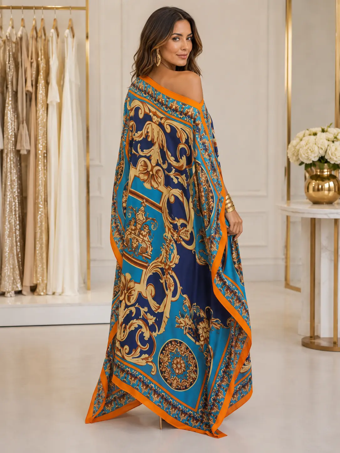 Blue & Gold Baroque Print One-Shoulder Kaftan – Silk-Like Maxi Cover-Up