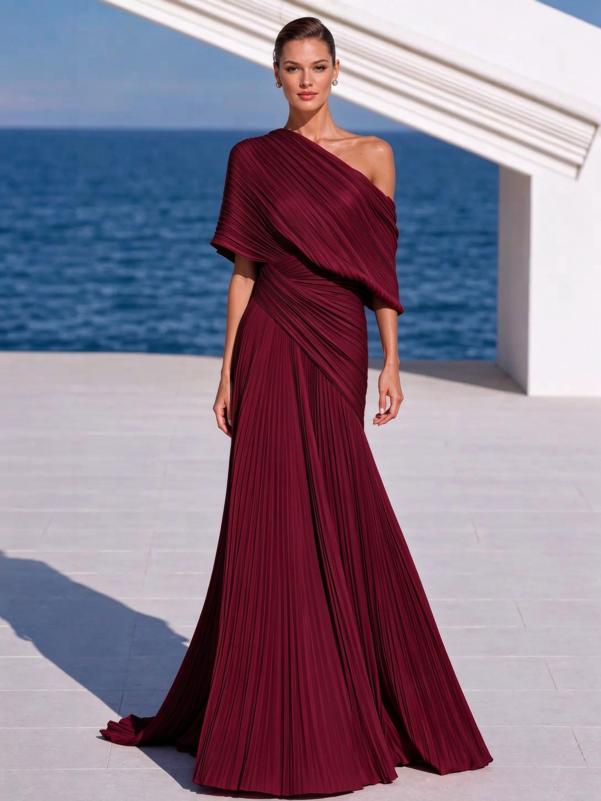 Vestido largo plisado naranja vibrante de un solo hombro – vestido de estilo griego