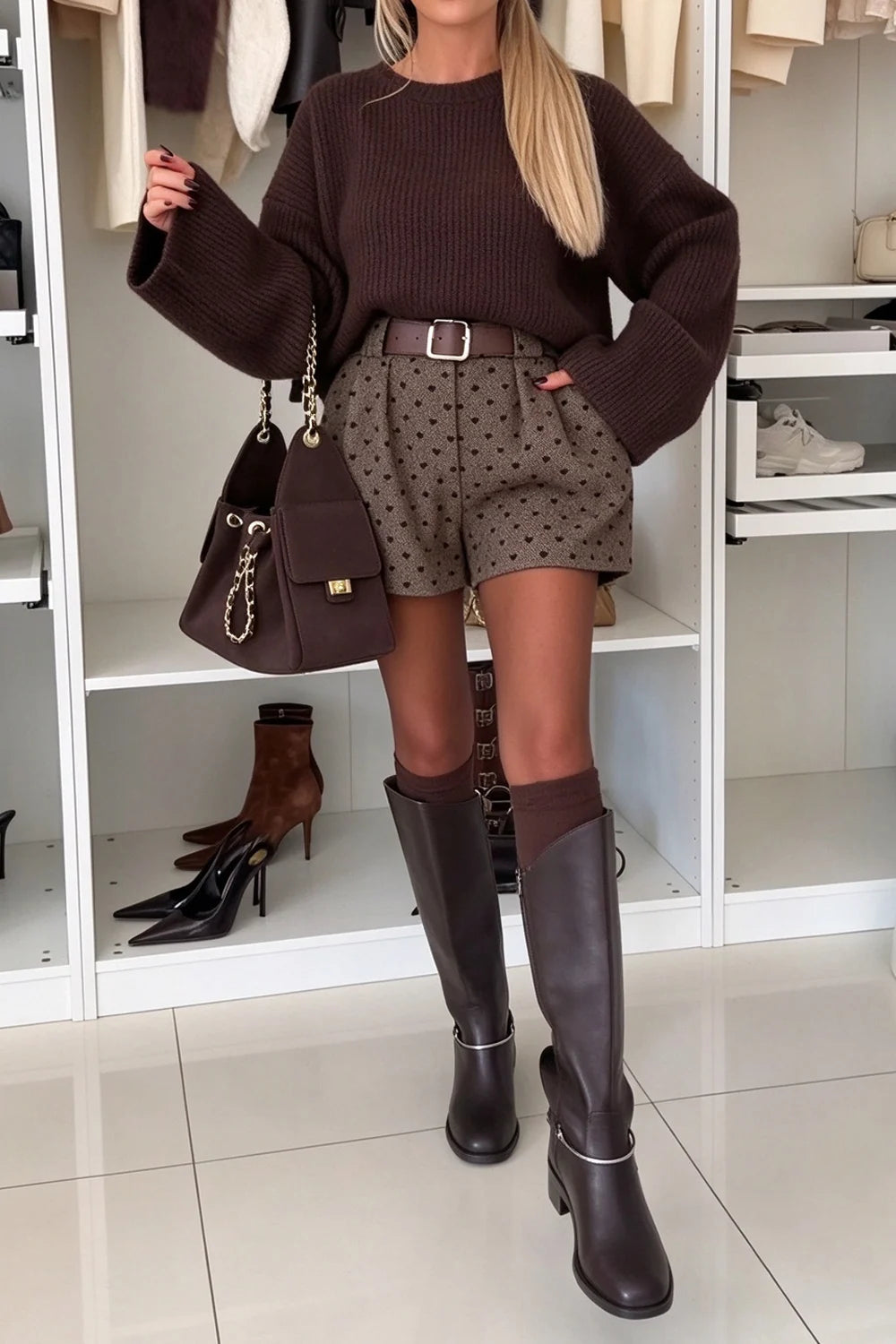 Ribbed Knit Sweater and Heart Print Shorts Two Piece Set