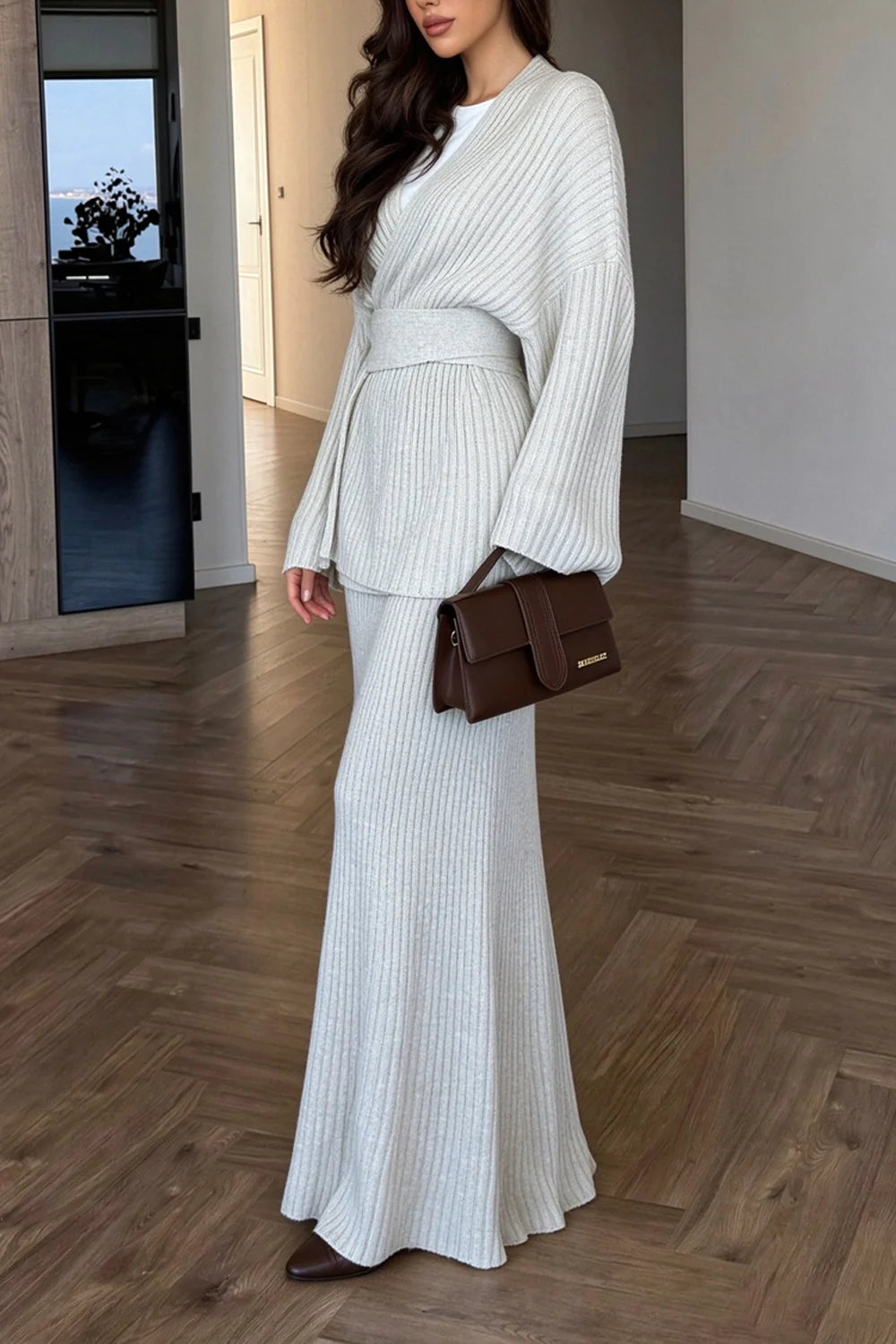 Ribbed Knit Long Sleeve Wrap Top and Maxi Skirt Two Piece Set