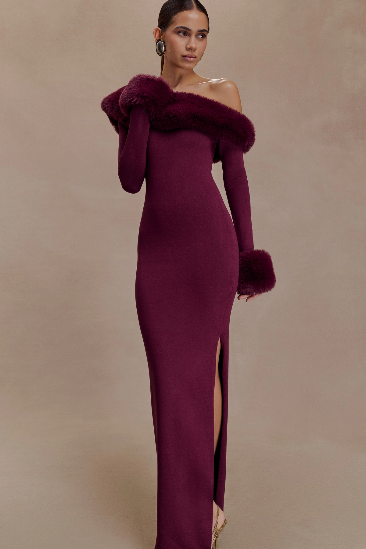 Burgundy One-Shoulder Maxi Dress With Faux Fur Trim & High Slit