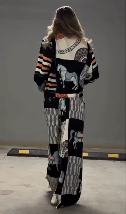Horse Print Zip Up Long Sleeve Top & Wide Leg Pants Set Women Casual Loose Streetwear Two Piece Outfit