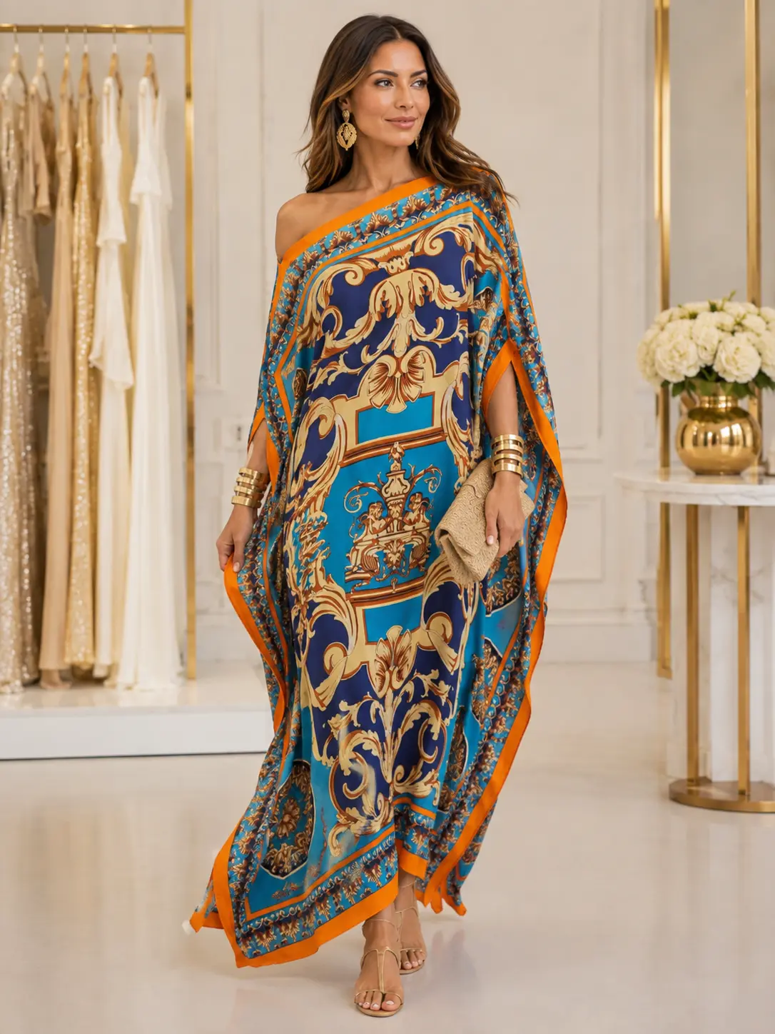 Caftan azul e dourado com padrão barroco, um ombro descoberto, comprido e semelhante à seda, para usar por cima do fato de banho