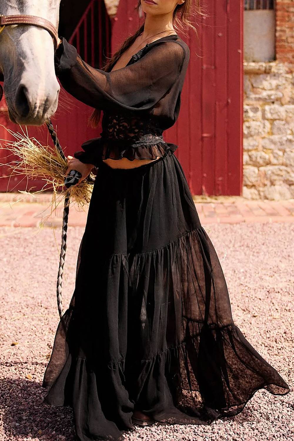 Bohemian Resort-Style Lace-Patchwork Top And Skirt Two-Piece Set