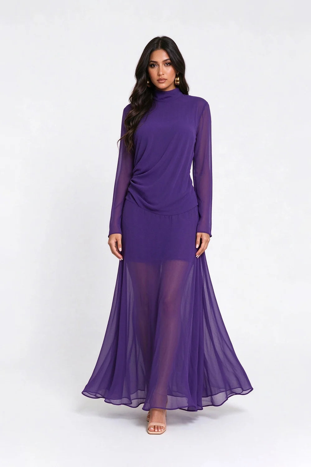 Purple High Neck Long Sleeve Sheer Chiffon Maxi Dress
