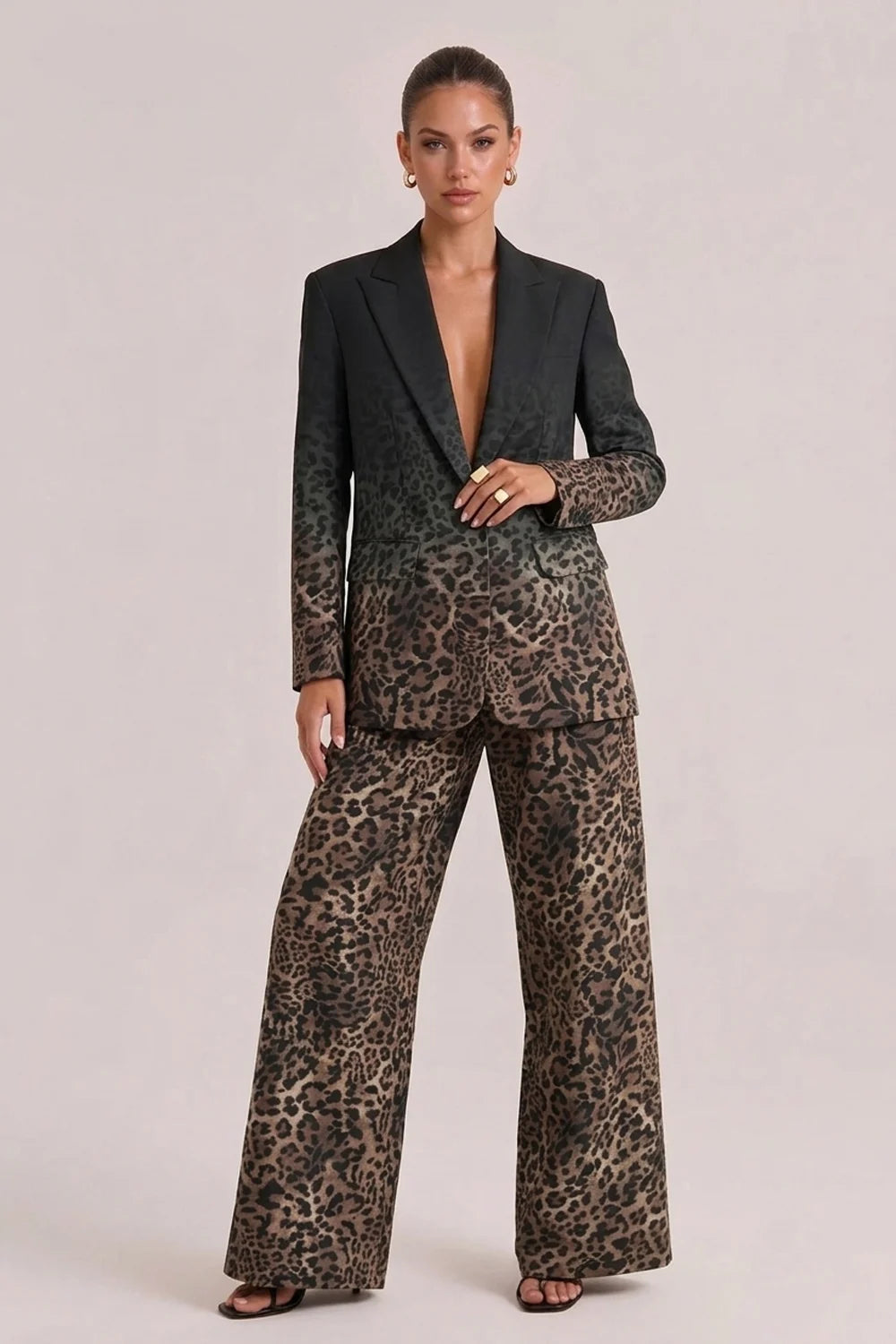 Ombré Leopard Print Blazer and Wide Leg Pants Two Piece Suit Set