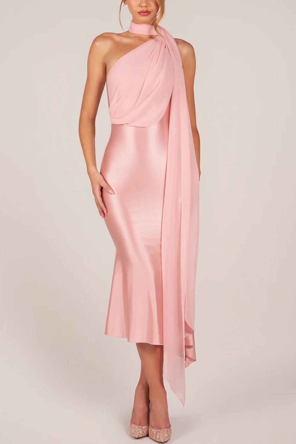 Drapiertes Neckholder-Midikleid aus Satin im Mermaid-Stil