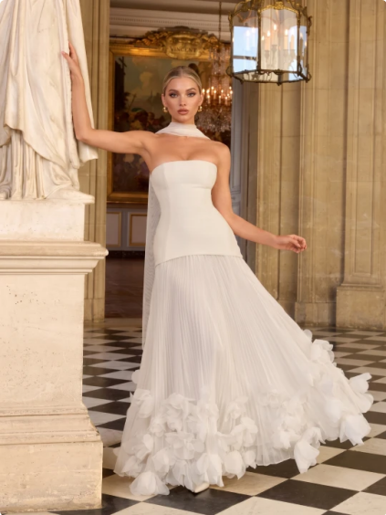Strapless Fitted Bodice Pleated Maxi Gown With 3D Floral Hem
