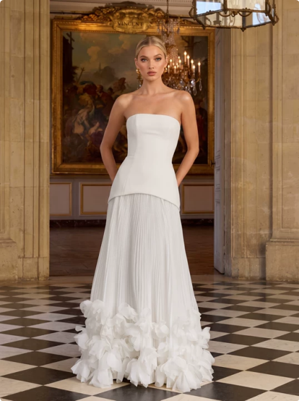 Strapless Fitted Bodice Pleated Maxi Gown With 3D Floral Hem