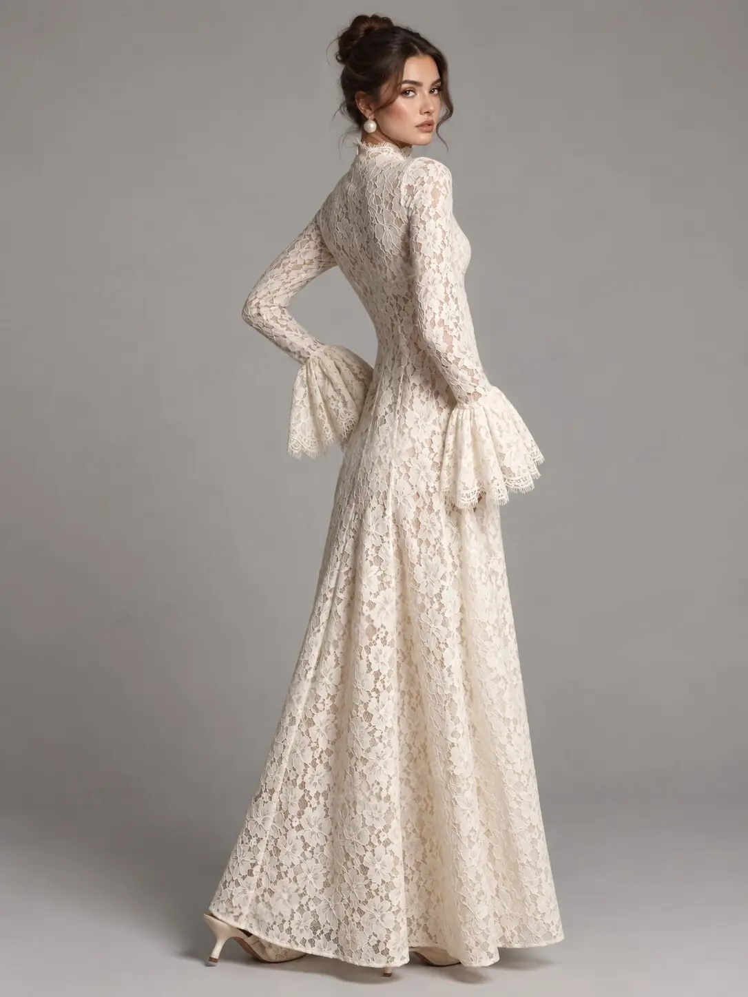 High Collar Bell Sleeve Lace Maxi Dress
