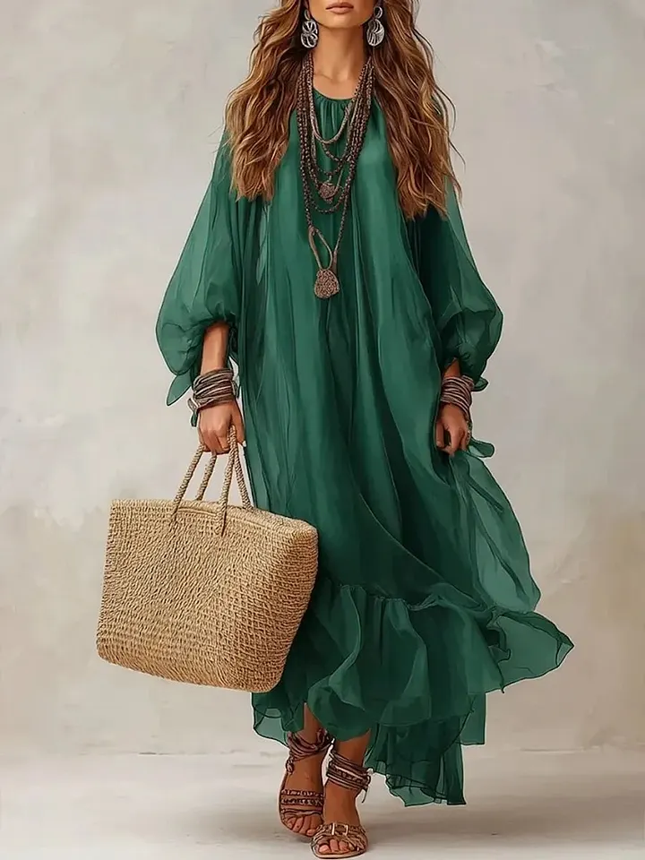 Boho Chiffon Flowy Maxi Dress, Loose Long Sleeve Ruffle Hem Beach Cover‑Up Dress