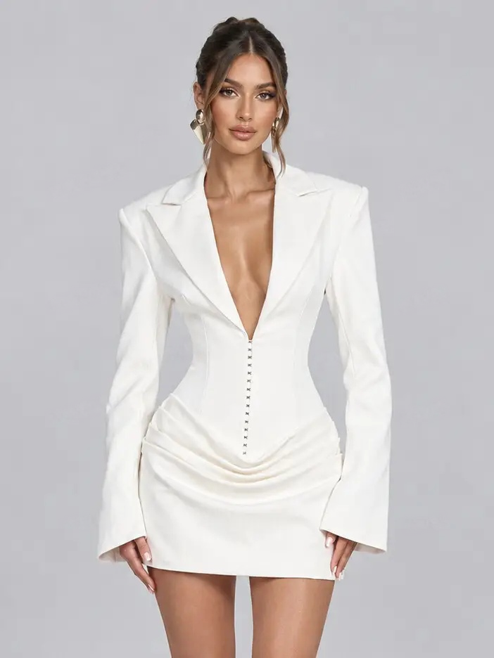 Deep V-Neck Hook-Eye Blazer Mini Dress|