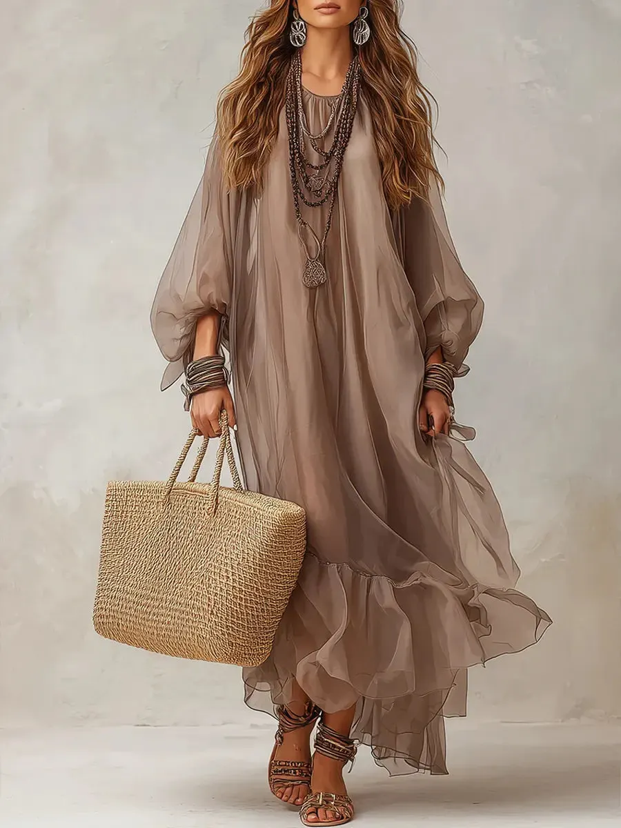 Boho Chiffon Flowy Maxi Dress, Loose Long Sleeve Ruffle Hem Beach Cover‑Up Dress