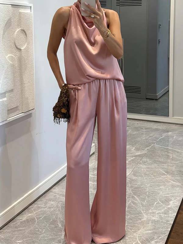 Elegant Halter Neck Swing Collar Top And Wide Leg Pants Suit-Pants