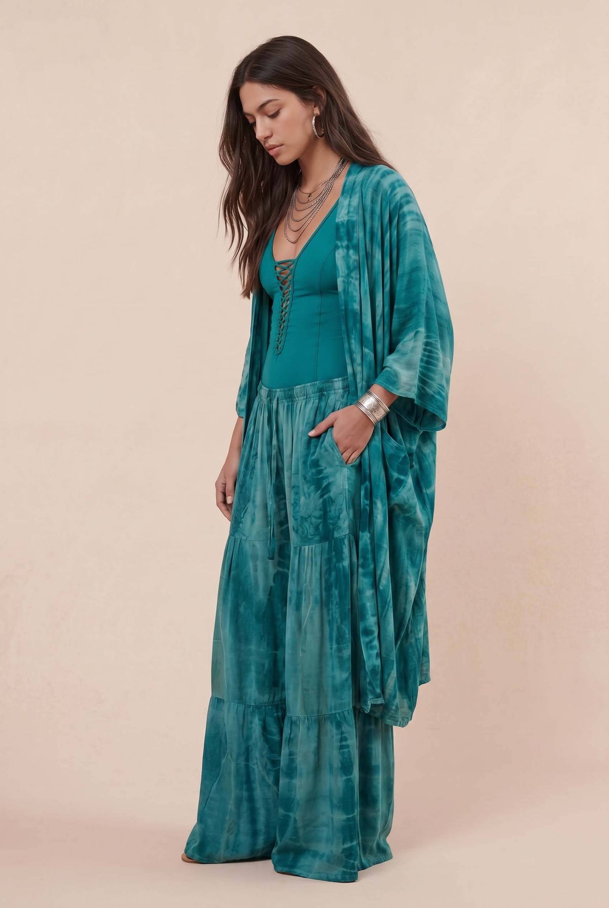 Printed Cardigan And Wide Leg Pants Set