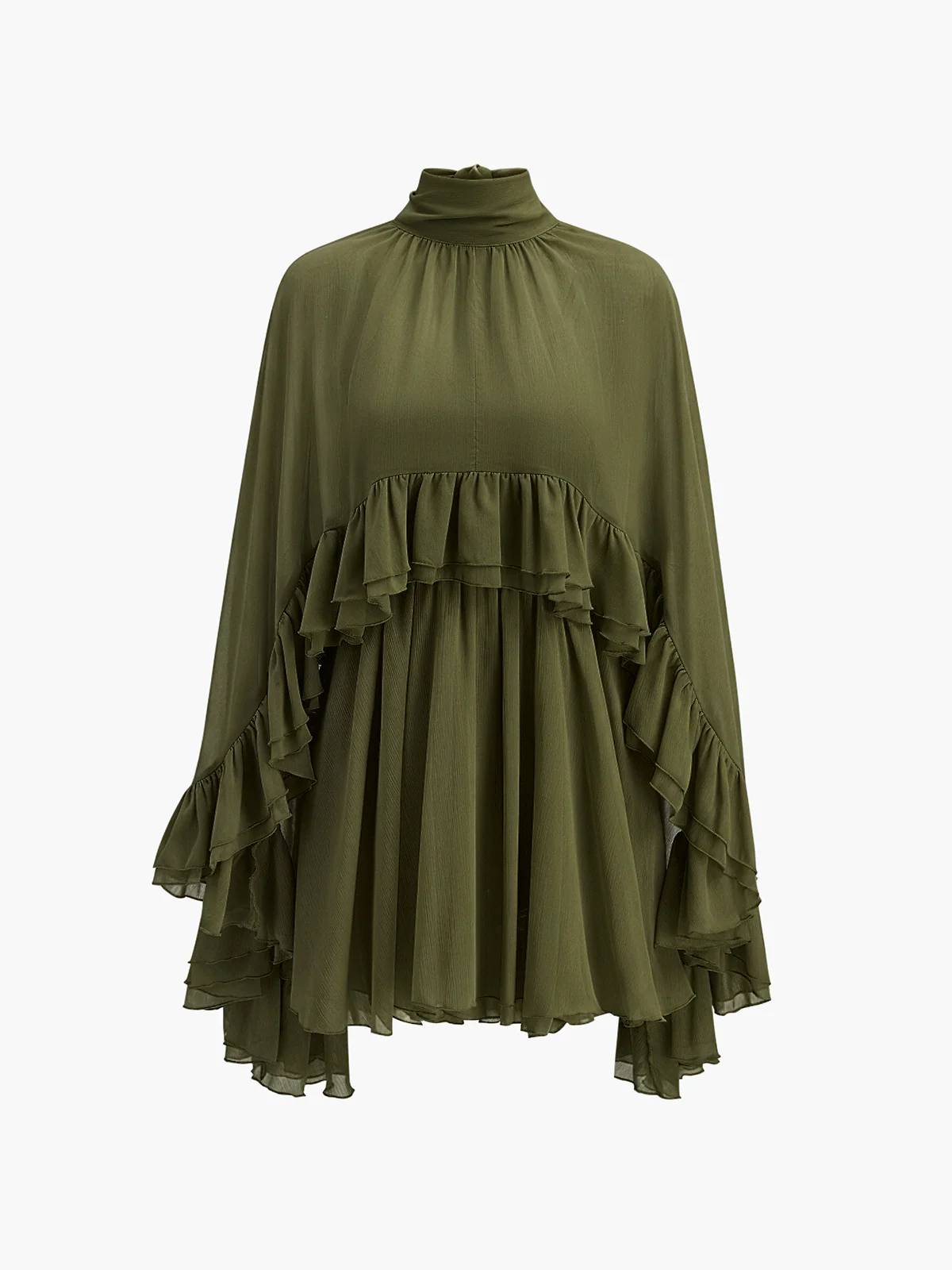 Semi-Sheer Chiffon Ruffle Cape And Mini Dress Suit