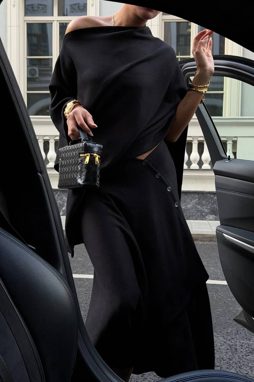 Draped Cape Top & Asymmetric Midi Skirt Two Piece Set