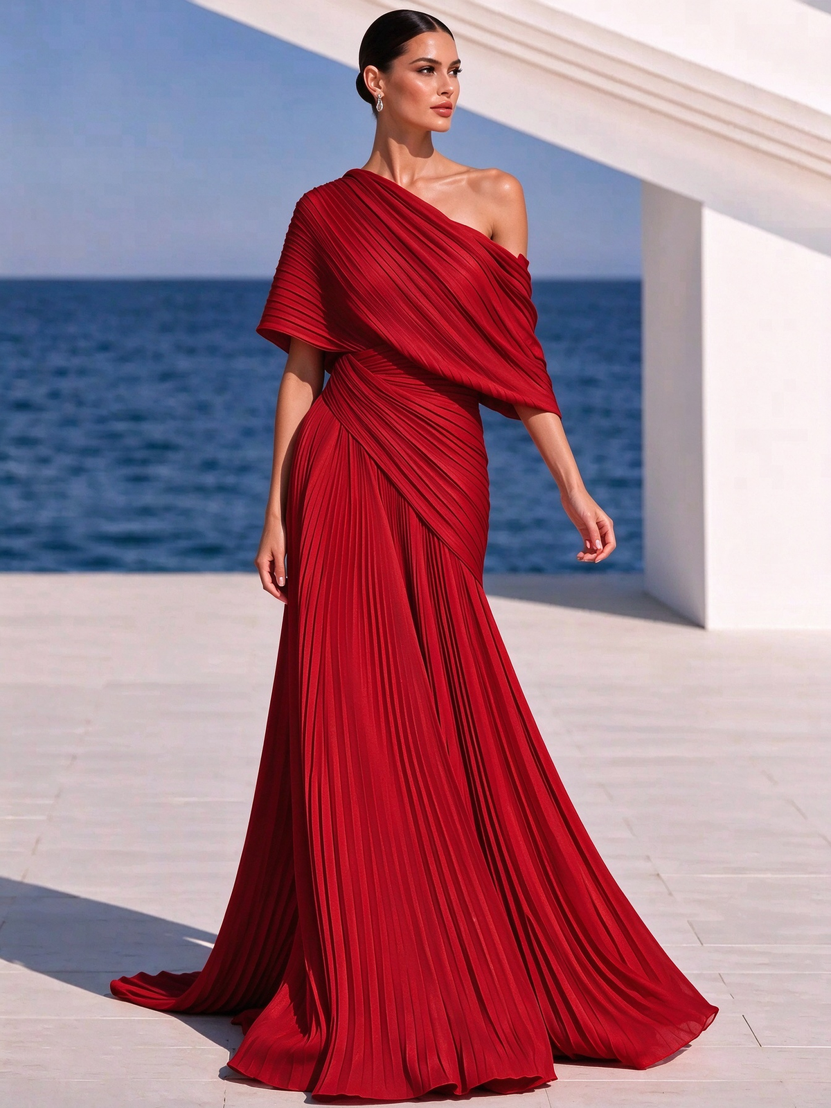 Vestido largo plisado naranja vibrante de un solo hombro – vestido de estilo griego