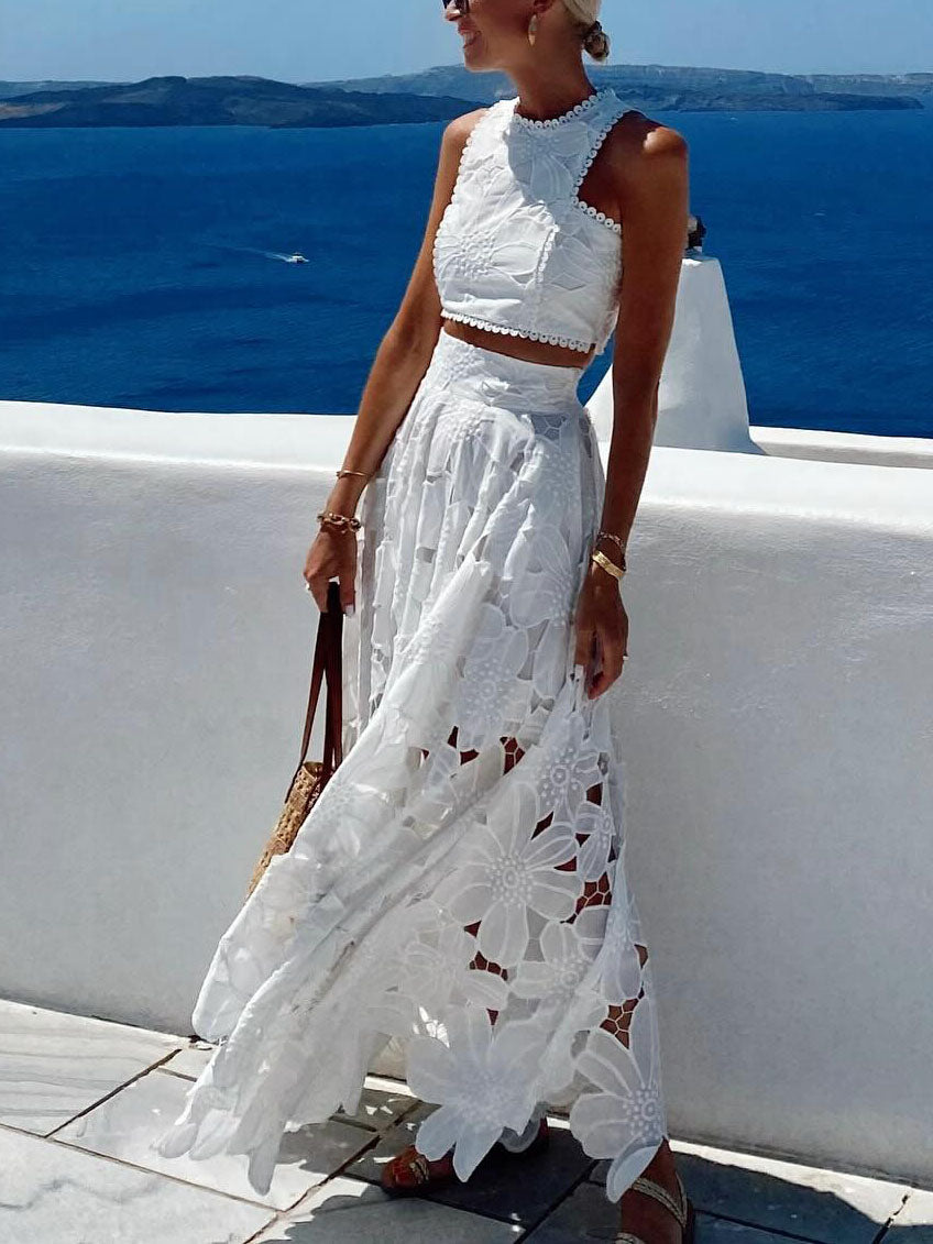 Gonna lunga elegante in pizzo floreale traforato