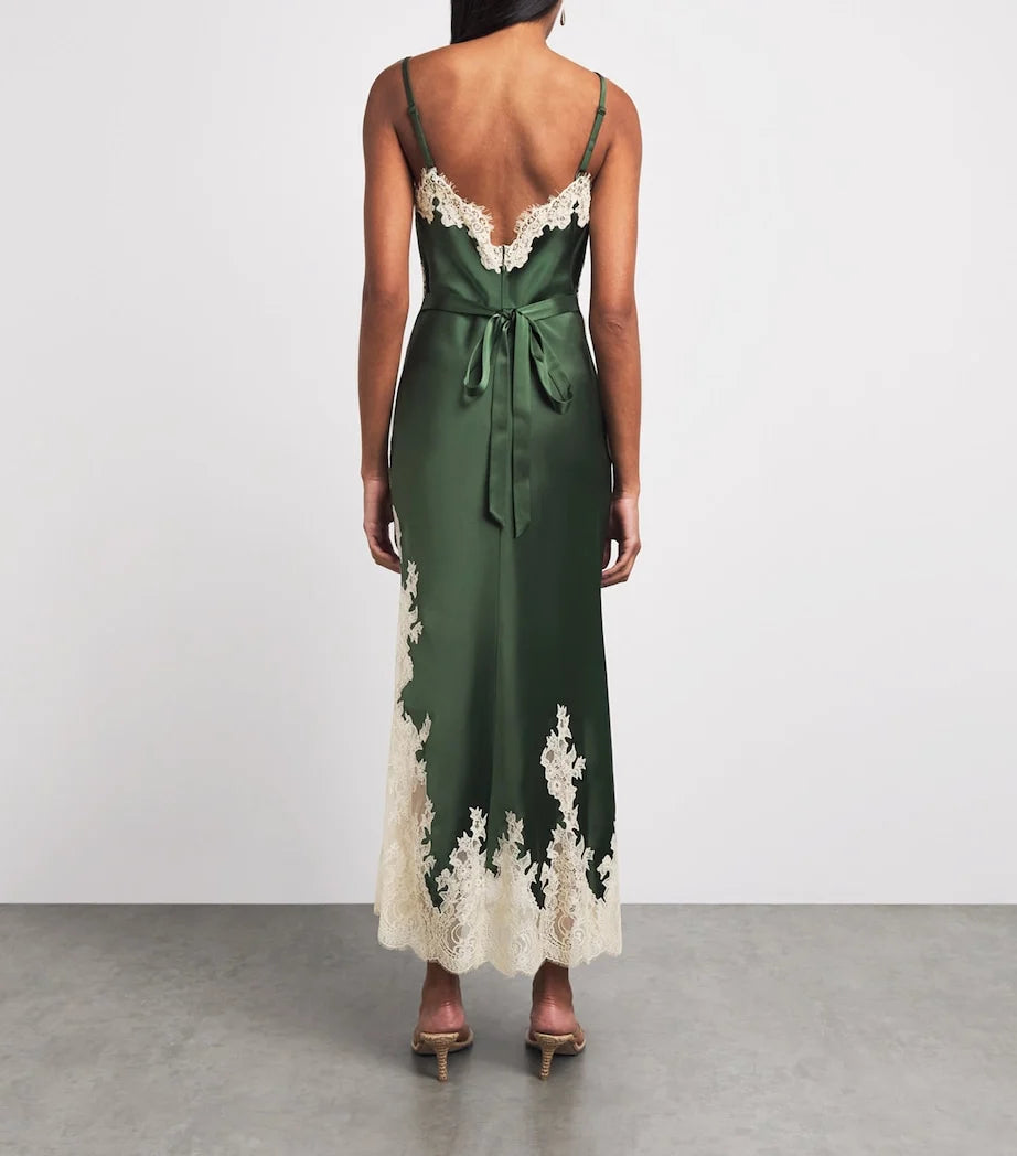 Lace Trim V-Neck Satin Slip Maxi Dress in Dark Green