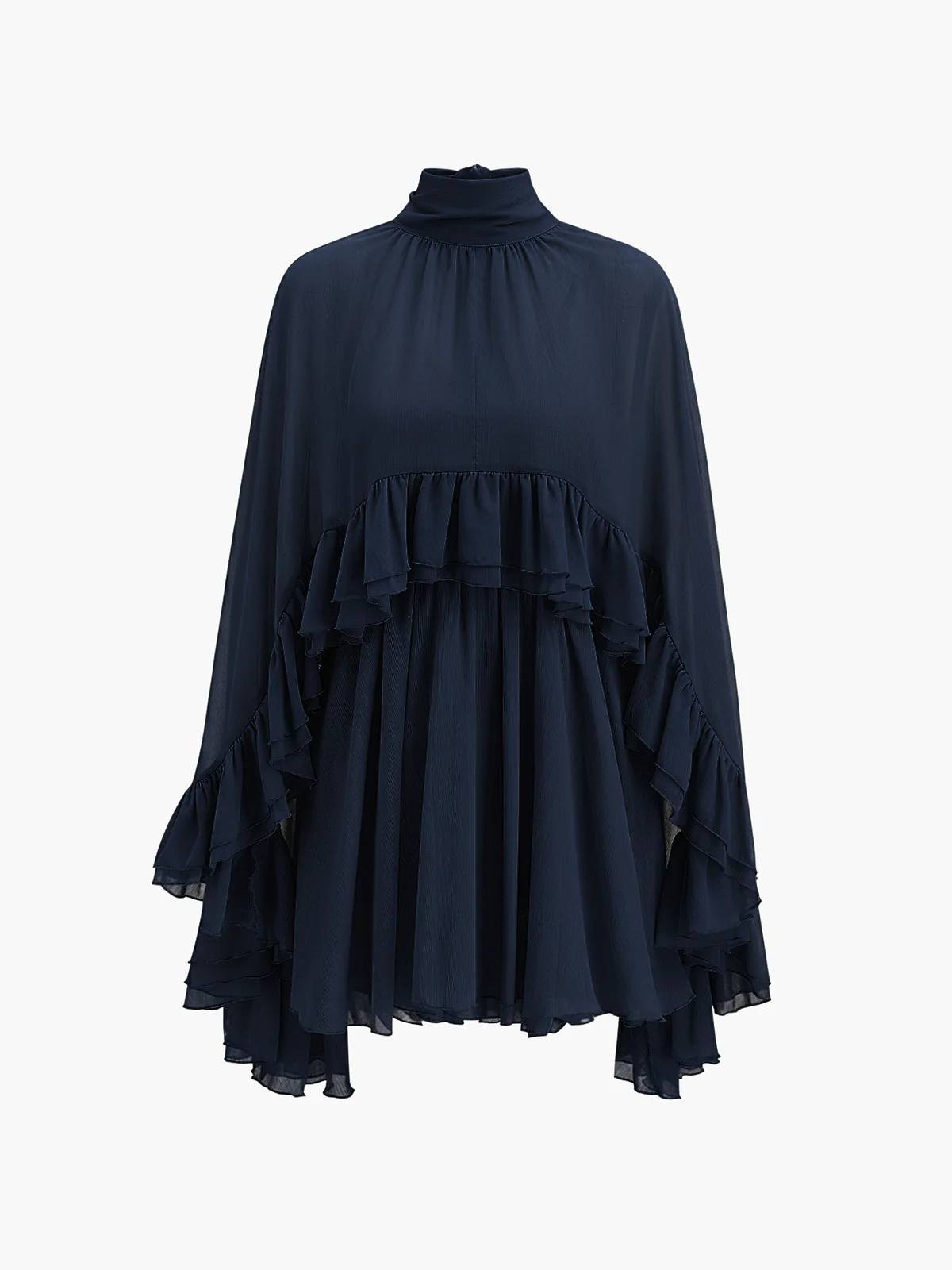 Semi-Sheer Chiffon Ruffle Cape And Mini Dress Suit