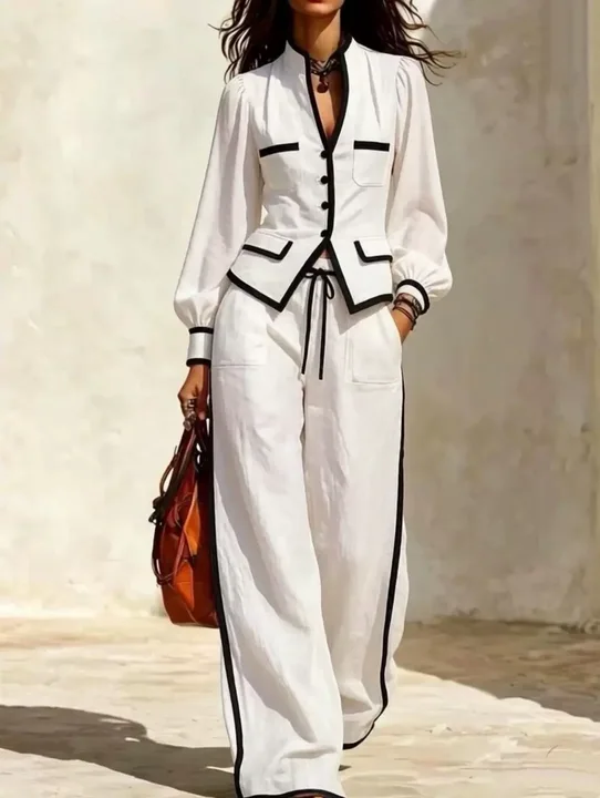 Black Trim White Linen Two Piece Set, Puff Sleeve Blazer Top & Wide Leg Pants Outfit