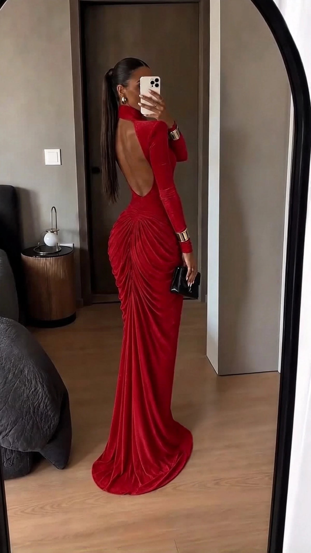 Red Glitter High Neck Ruched Long Sleeve Maxi Evening Dress with Shoulder Pads