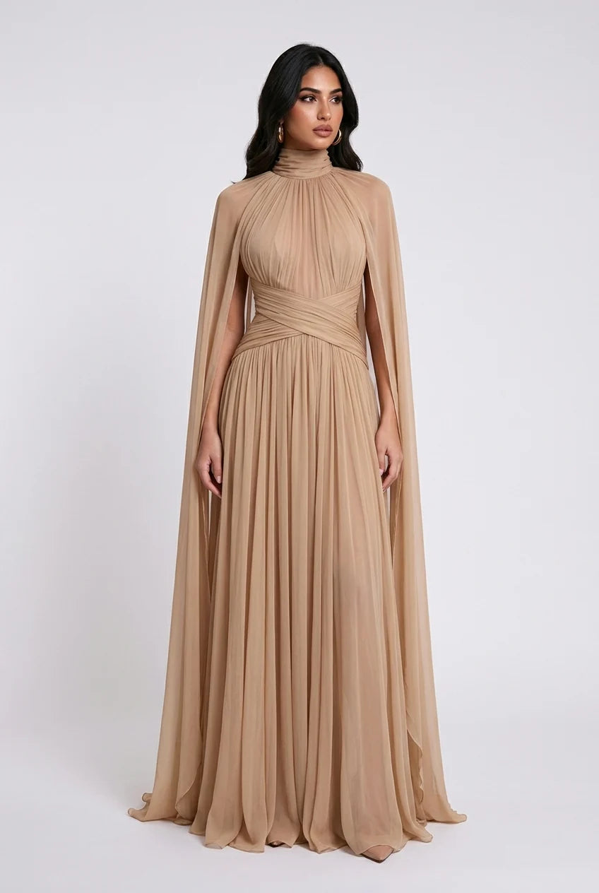 High Neck Pleated Cape Sleeve Chiffon Maxi Evening Dress