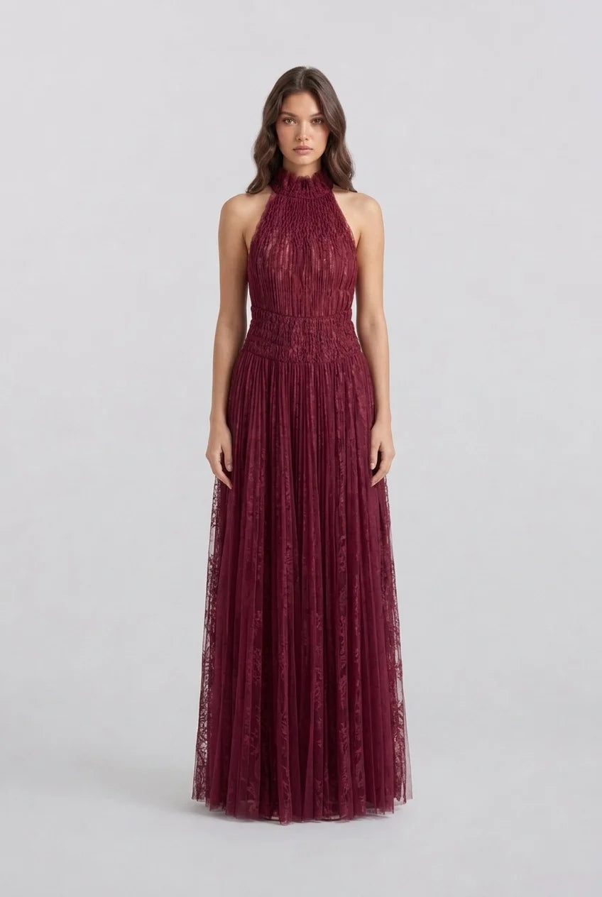 Burgundy Halter High Neck Pleated Mesh Sleeveless Maxi Evening Dress
