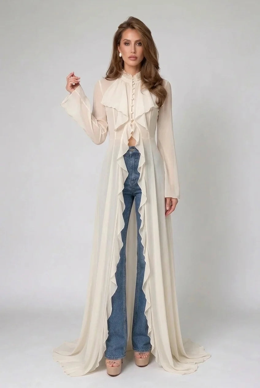 Ivory Ruffle Trim High Neck Sheer Chiffon Maxi Blouse Duster Top