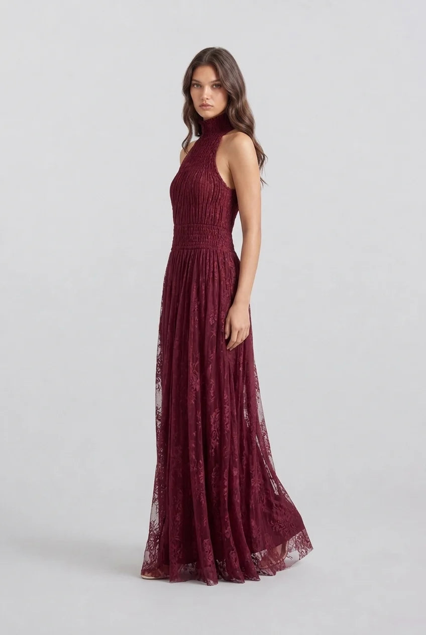 Burgundy Halter High Neck Pleated Mesh Sleeveless Maxi Evening Dress