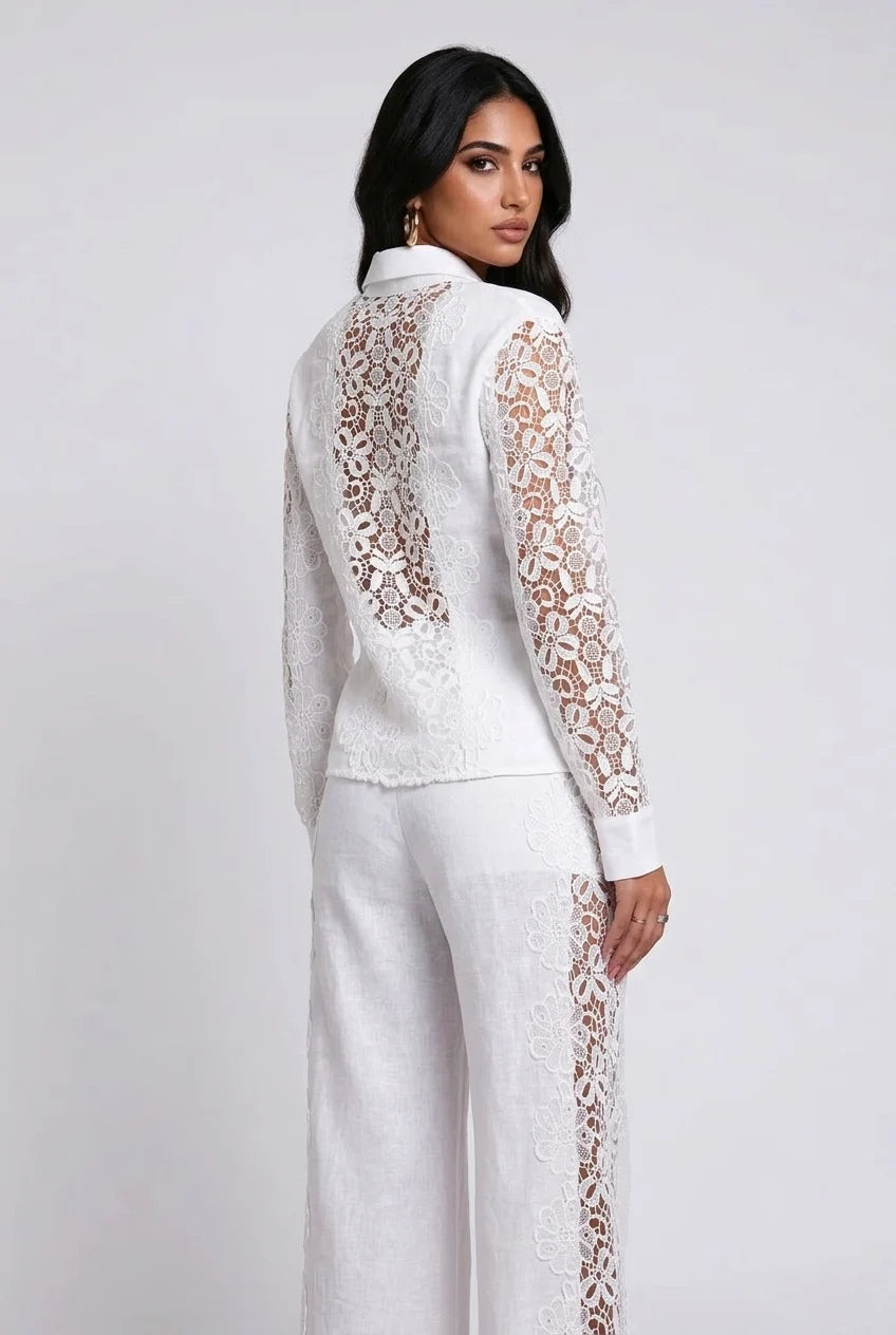 White Lace Panel Long Sleeve Shirt and Wide Leg Pants Two Piece Set