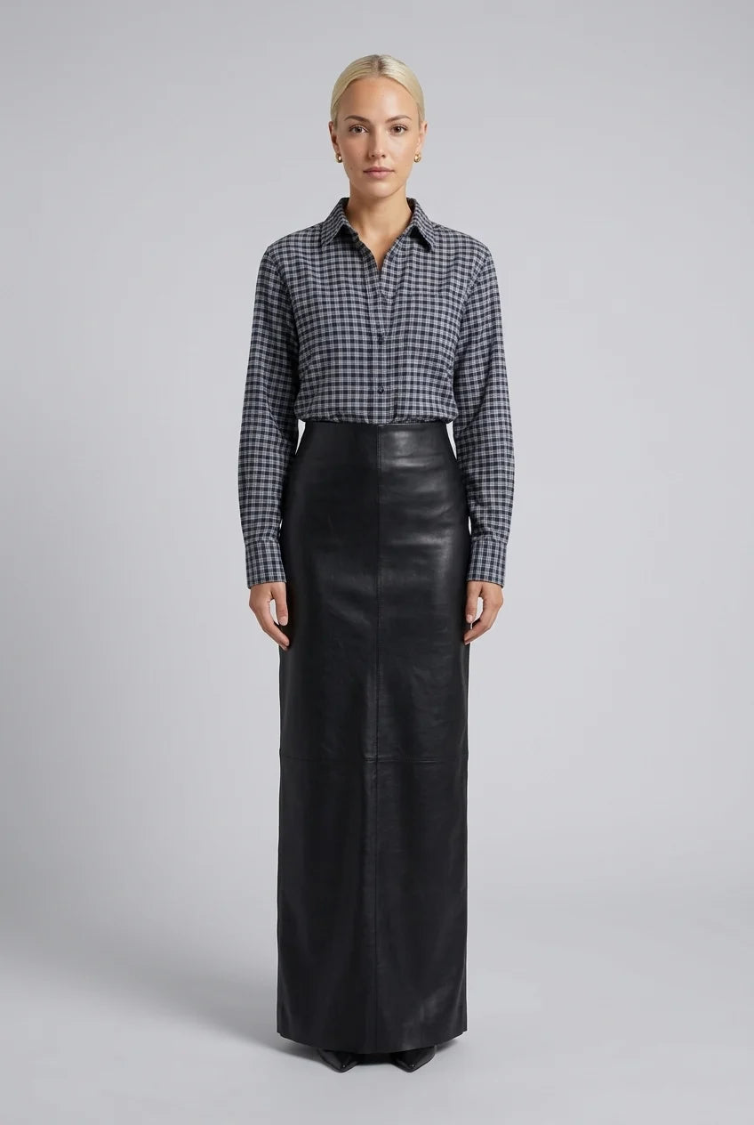 Plaid Long Sleeve Button-Down Shirt and Black Faux Leather Maxi Skirt Two Piece Set