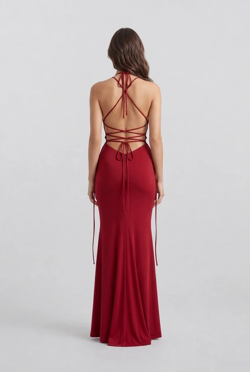 Deep V Neck Halter Sleeveless Floor Length Red Formal Evening Maxi Dress