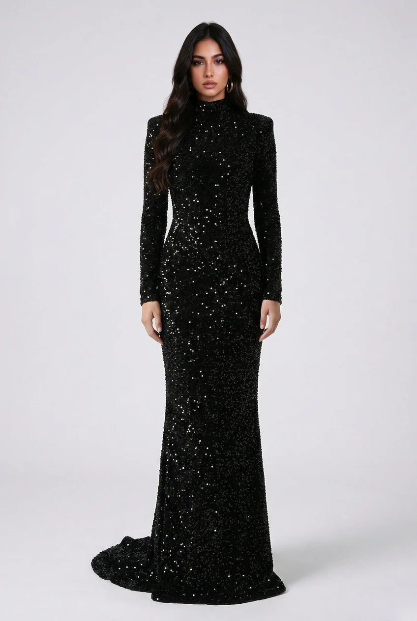 Black Sequin High Neck Long Sleeve Mermaid Maxi Evening Dress