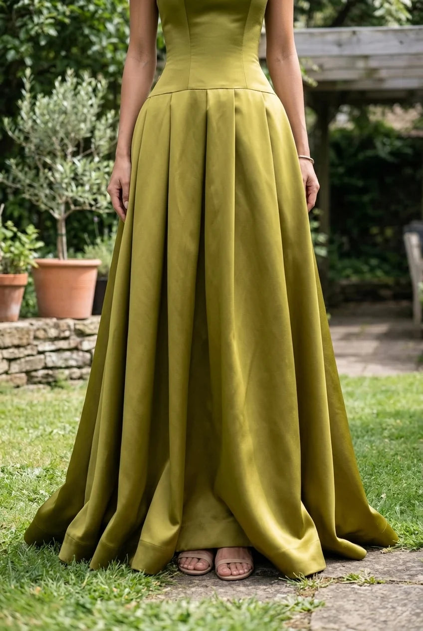 Abito da sera maxi formale in raso verde oliva, con collo all'americana, vita scesa e pieghe