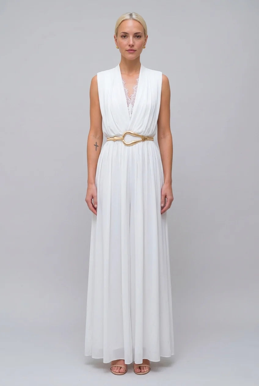 Weißes Maxikleid ohne Ärmel mit tiefem V-Ausschnitt, Spitzenbesatz und Falten