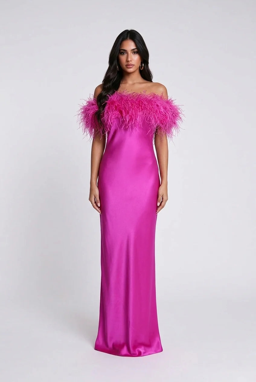 Feather Trim Off-the-Shoulder Satin Column Maxi Dress